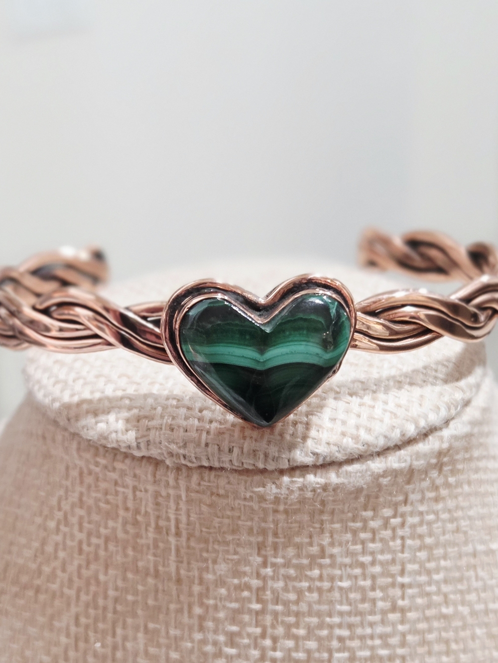 Solid Copper Stone Genuine Malachite Heart Bracelet - - Picture 2 of 5